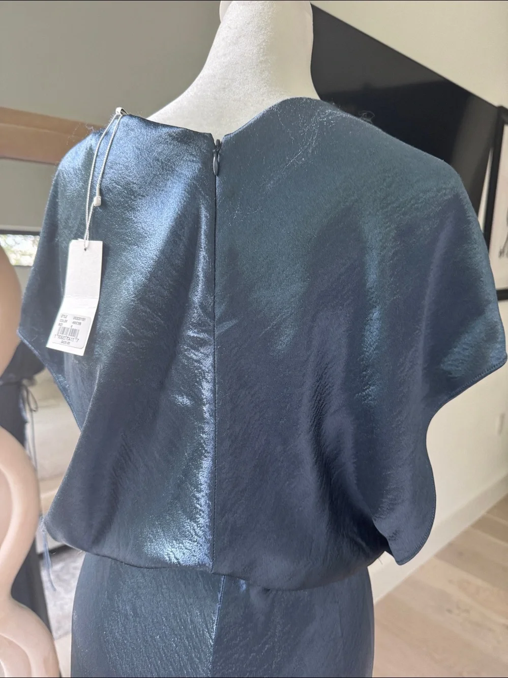 NWT VINCE Satin V-Neck Midi Dress in Shimmering Gray/Blue - Picture 6 of 7